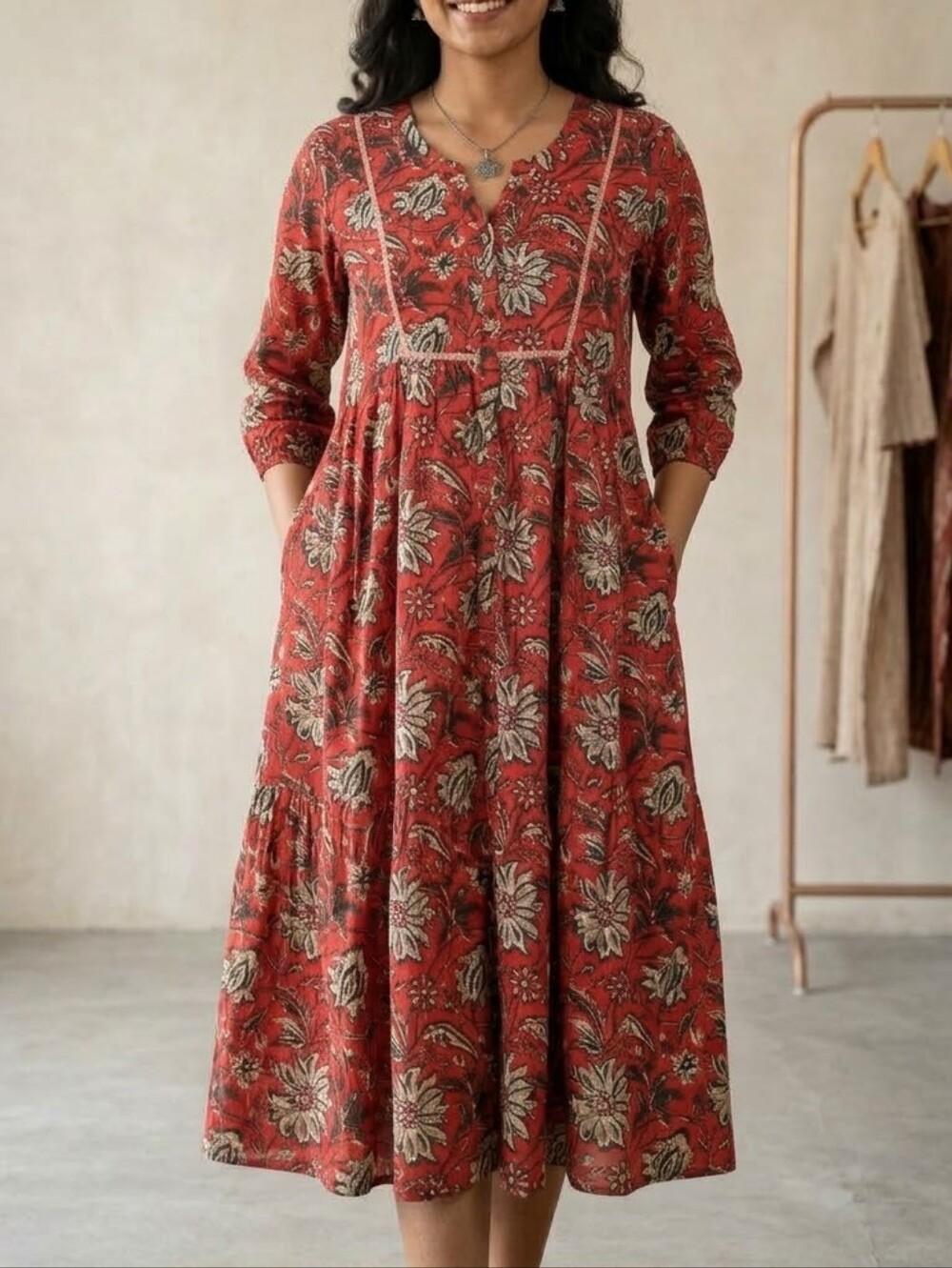 Floral Red Midi Dress with Puff Sleeves